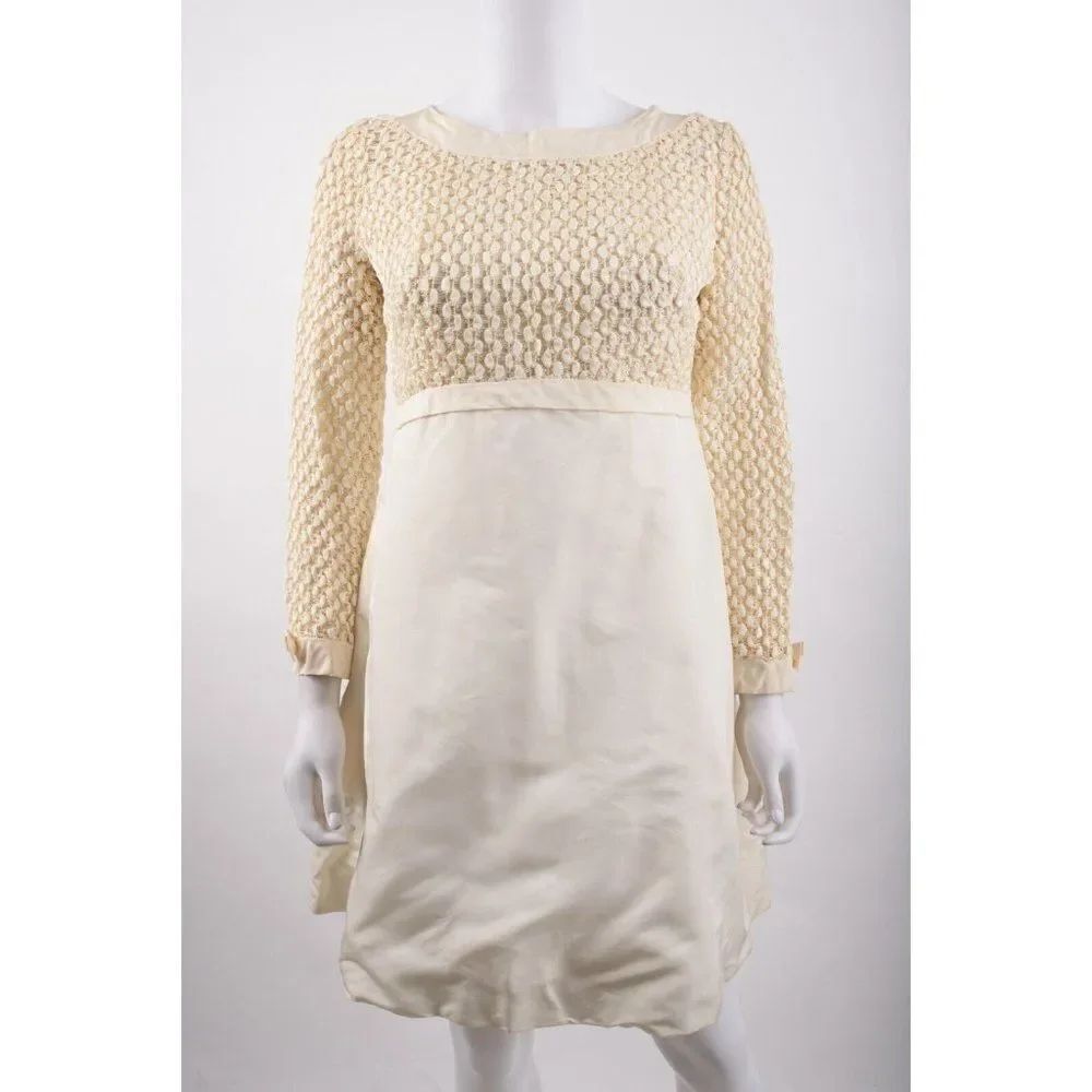 Vintage 1960s Womens Party Dress Beige ecru Popcorn Ribbon Weave Bodice XS S